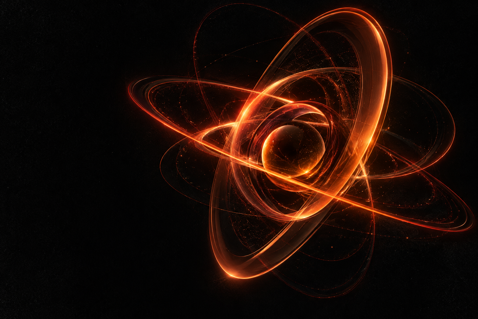 Luminous red-orange orbital loops against a dark background