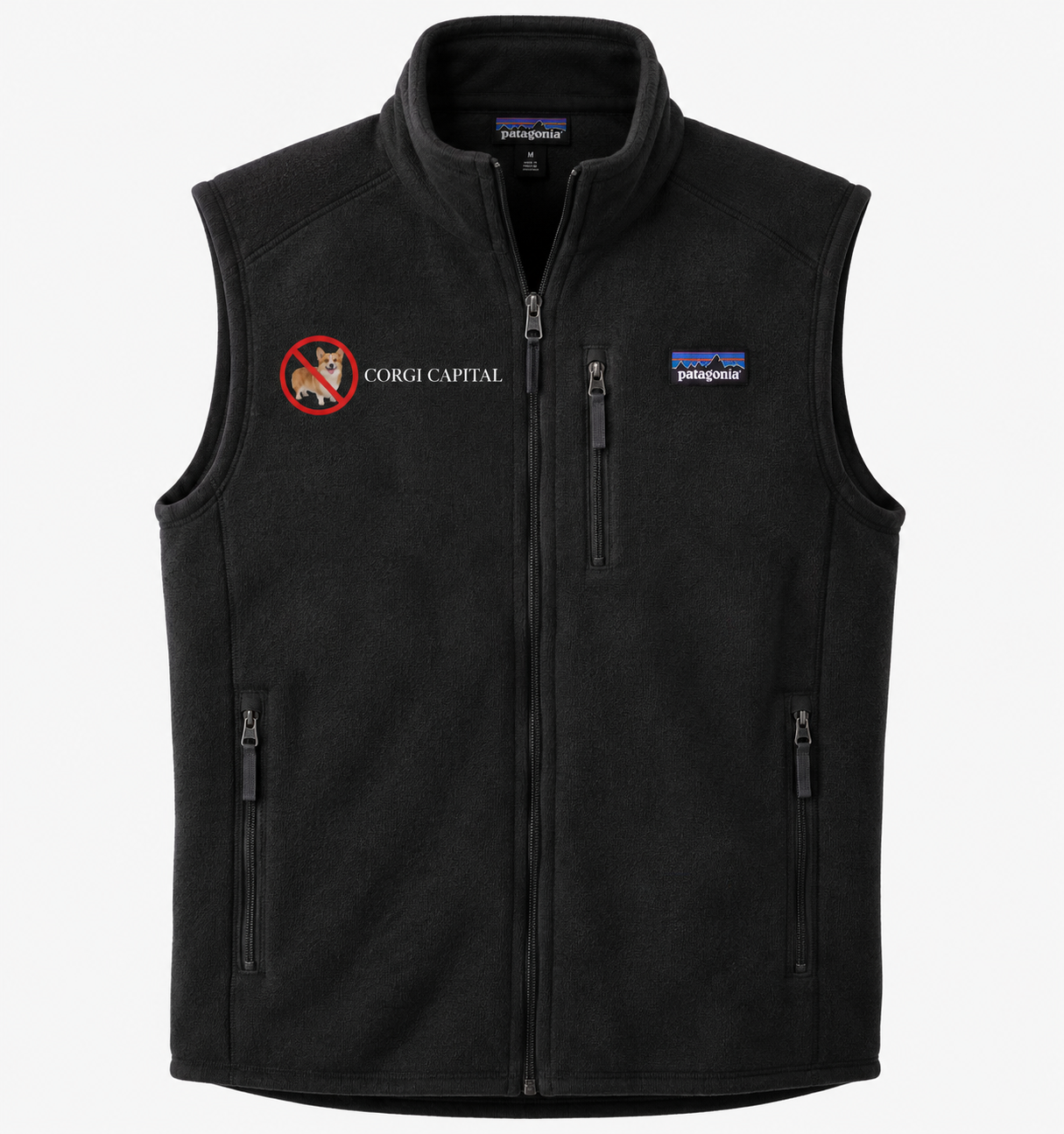 Black fleece vest with the Corgi Capital logo and wordmark on the chest.